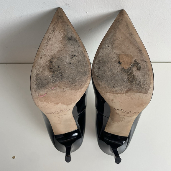 Jimmy Choo Black Patent Leather Pointed Toe Pumps Heels Size 38 Stiletto Classic - Picture 10 of 12